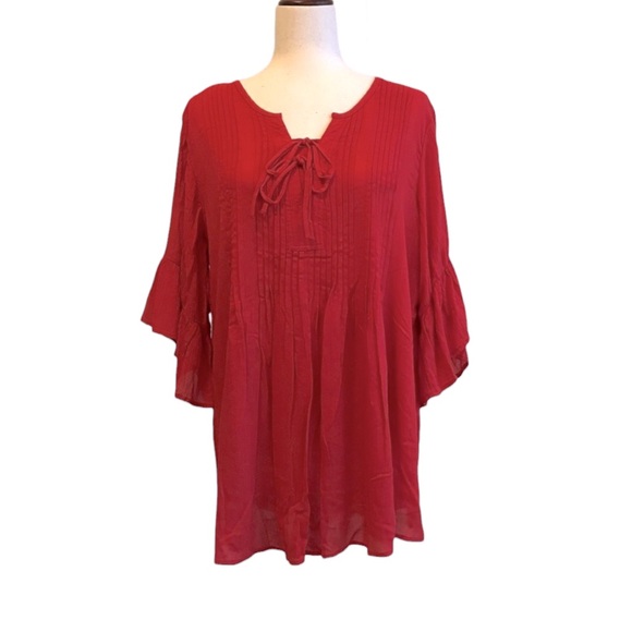 Style & Co Red Popover Blouse 3/4 Ruffle Sleeves Medium Front Tie New with Tags - Picture 12 of 12